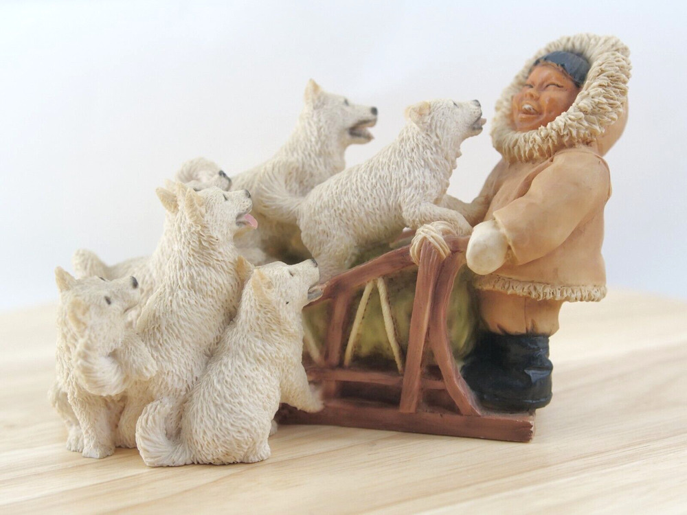 Laughing Eskimo With Dogs Made in Italy 1995 Vintage Signed Castagna Resin